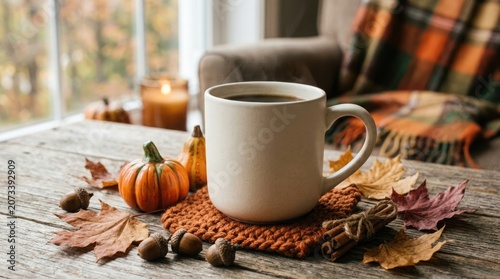 Cozy autumn scene with a cup of coffee on a rustic wooden table