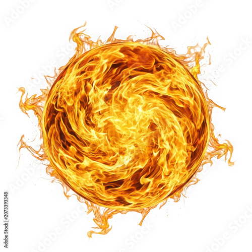 A glowing sphere of fire with swirling flames and sparks isolated on transparent background