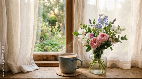 Cozy morning scene with flowers and coffee on a wooden table by a window