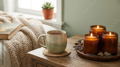 Cozy living room scene with candles and a cup of coffee on a wooden table