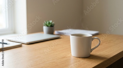 A white coffee mug on a wooden desk with office supplies nearby indoors