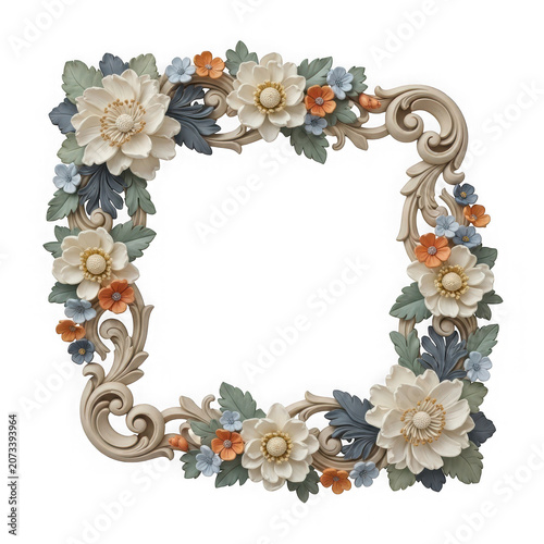 Decorative floral frame with vintage baroque style elements and pastel flowers isolated on transparent background