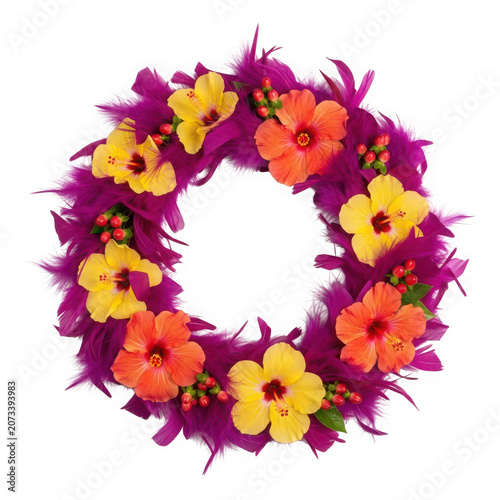 A festive hawaiian lei wreath made of purple feathers, orange and yellow hibiscus flowers, and small red berries isolated on transparent background
