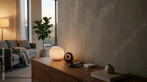 Smart home devices and glowing lamp on a modern wooden sideboard