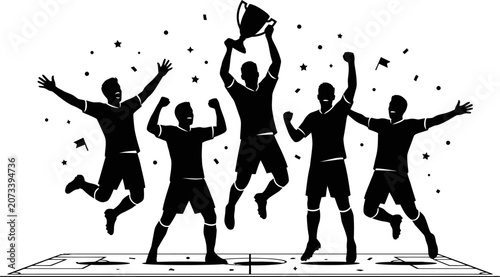 Foto Victorious soccer team celebrating with trophy