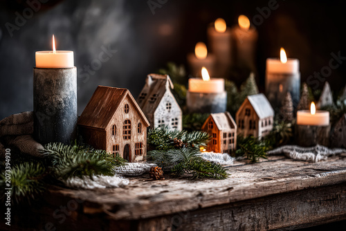 Miniature wooden houses and lit candles on a rustic table with pine branches. Cozy holiday themed photography. Suitable for Christmas decor inspiration, festive greeting cards, and seasonal marketing.