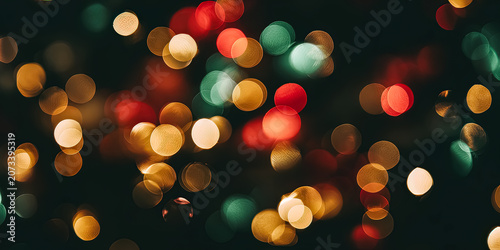 Out of focus colorful lights creating a bokeh effect against a dark background. Abstract photography style. Suitable for festive design, holiday cards, and creative backgrounds.