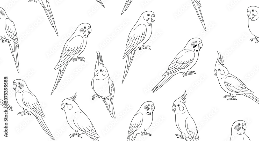 Fototapeta premium Decorative seamless pattern featuring outlines of various parrots and cockatiels for creative design work and crafts.
