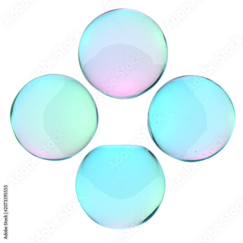 Four glowing iridescent 3D glass spheres or liquid gel drops with cyan and pastel green reflections arranged symmetrically, isolated on a transparent background