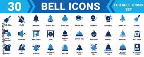 Fotografía Set of thirty professional bell icons in blue and black colors for website ui an