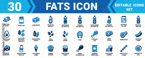 Cuadro en lienzo Set of 30 fat and oil icons representing various food sources like butter oil se