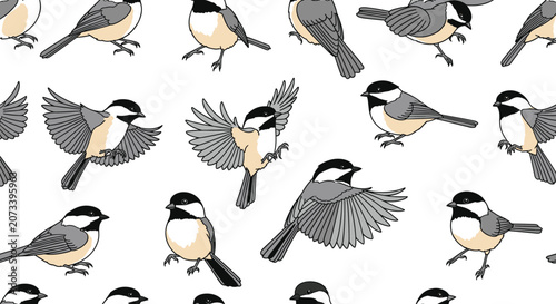 Charming seamless pattern of black capped chickadee birds in various flight and perching poses on a white background.