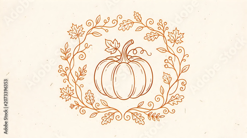Autumn pumpkin inside a wreath of leaves