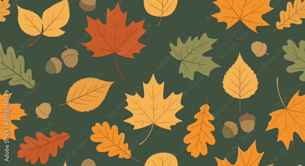 Fototapeta premium Beautiful autumn seamless pattern with various colorful fallen leaves and acorns on a dark forest green background.