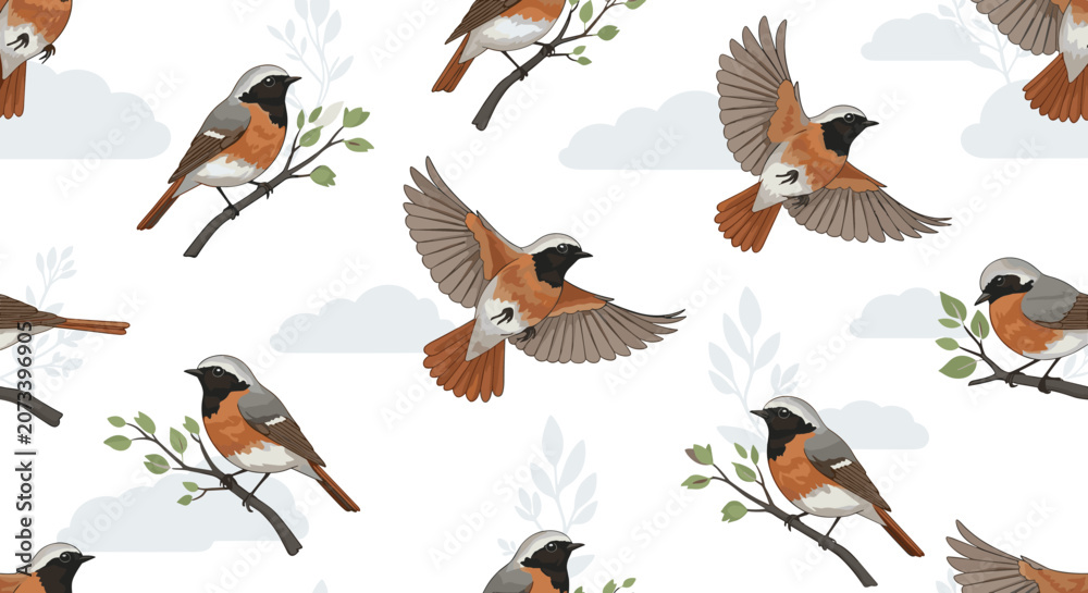 Obraz premium Seamless pattern of small songbirds with orange breasts and grey wings depicted in various flying and perched positions.