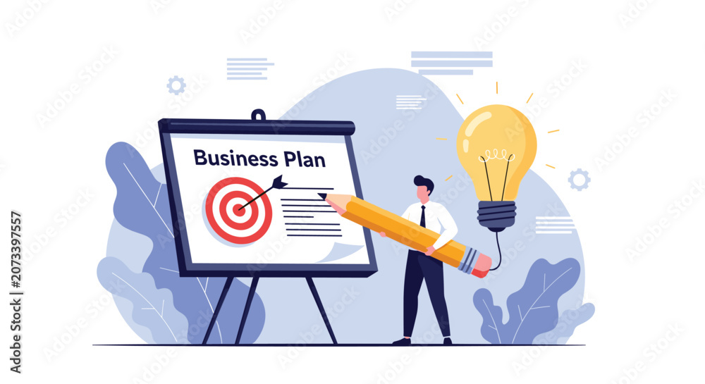 Naklejka premium Person using a giant pencil connected to a light bulb to write a business plan on a white presentation board with a target.