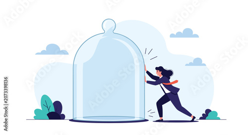Determined businesswoman using her strength to push a giant glass bell jar as a metaphor for breaking through the glass ceiling.