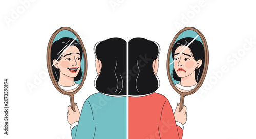 Young woman looking into two different mirrors showing her happy and sad emotions to represent mood swings and mental health.