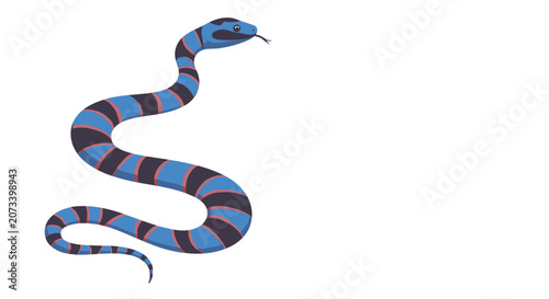 Blue and black striped snake slithers across a white background in this clean vector illustration of a slithering reptile species.
