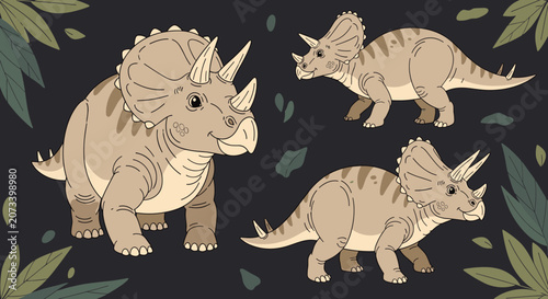 Three triceratops dinosaurs roam through a lush jungle with ferns and leaves in this detailed vector illustration for children.