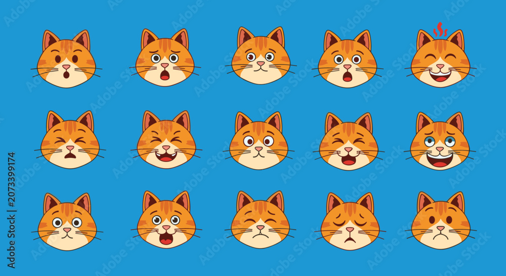 Fototapeta premium Fifteen cat emoji faces with various expressions like happy, sad, angry, and surprised are arranged on a solid blue background.