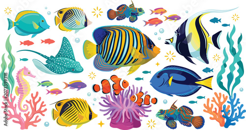 Schilderij op canvas Set of colorful tropical coral reef fish vector illustrations featuring clownfis