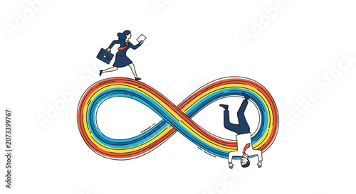 Businessman and woman running on a colorful infinity loop symbol reflects the continuous and sometimes repetitive nature of work and life.