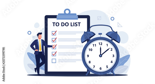 Organized businessman leaning against a giant to-do list next to a large alarm clock represents effective time management and task organization.