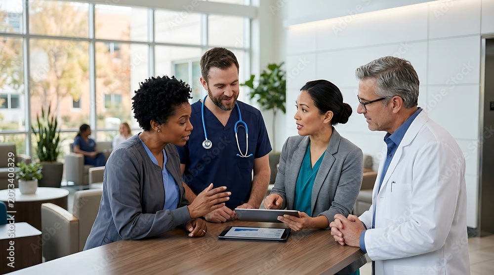 Fototapeta premium Medical team collaborating on a digital tablet in modern clinic lobby