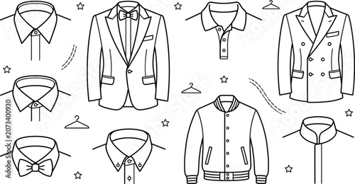 Photos Men fashion clothing line icon set with classic suits, formal shirts, polo, bomb