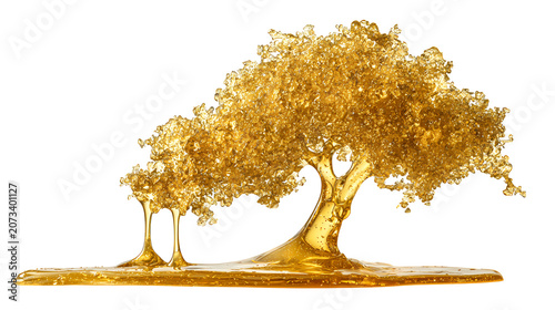 Golden liquid oil flowing into a beautiful tree shape isolated on a simple transparent background view.