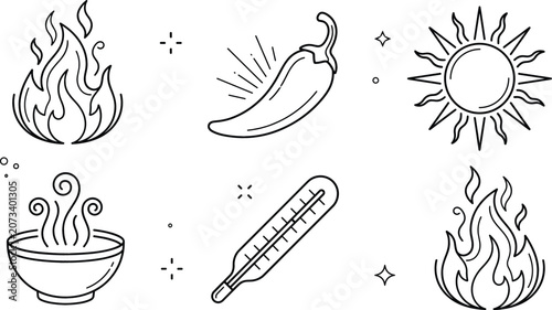 Fotografie Minimalist spicy and heat line icon set featuring blazing fire flame chili peppe