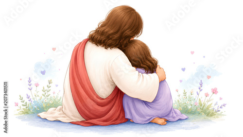 Jesus Hugging a Child in a Quiet Seated Moment of Comfort