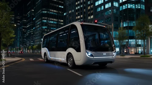 Futuristic Autonomous Electric Bus Driving on a City Street at Night