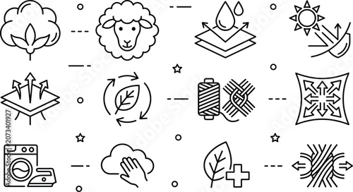 Fabric properties and textile material line icon set with cotton wool waterproof breathable and stretch elements
