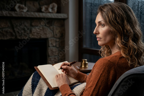 An over-the-shoulder medium shot of a woman looking down at an open leather-bound notebook on her lap, holding a classic fountain pen near a stone fireplace mantelpiece.
