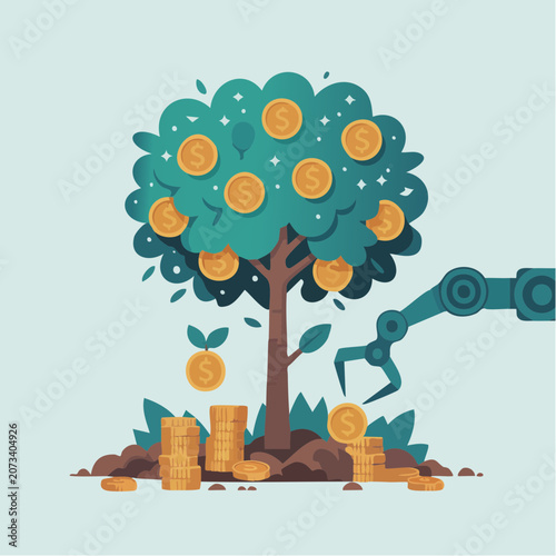 A robotic arm harvests a tree with gold coins in a natural environment with plants and soil in an outdoor setting.