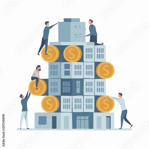 People stacking coins on a building, illustrating finance and teamwork in a professional setting with business, money, and growth.
