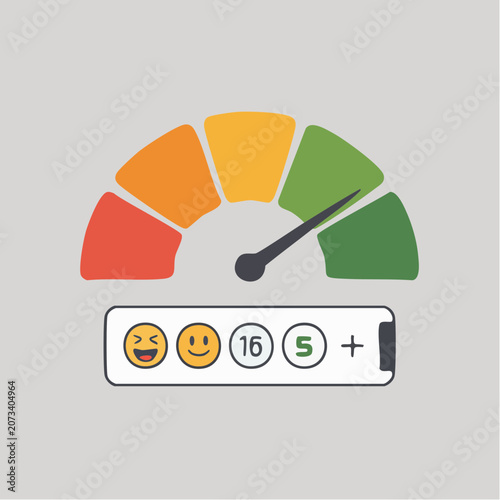 A colorful gauge with a dial and icons displays emotions and ratings on a screen.
