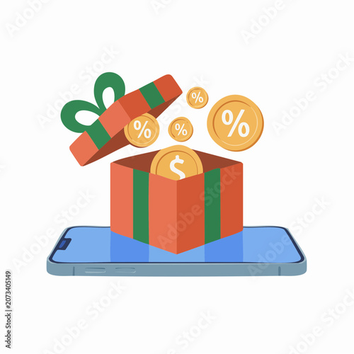 A smartphone displays a gift box with money and discount symbols emerging from it on a digital illustration.