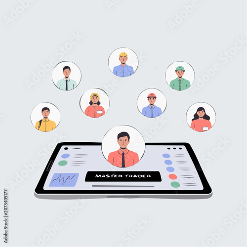 Online master trader connects with seven diverse people through a mobile device screen in a modern setting.