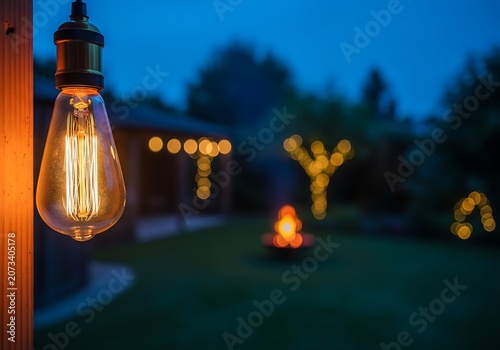 Glowing vintage light bulb in a cozy backyard at twilight