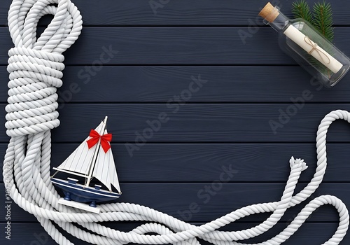 Overhead maritime flat lay with model sailboat and bottled message