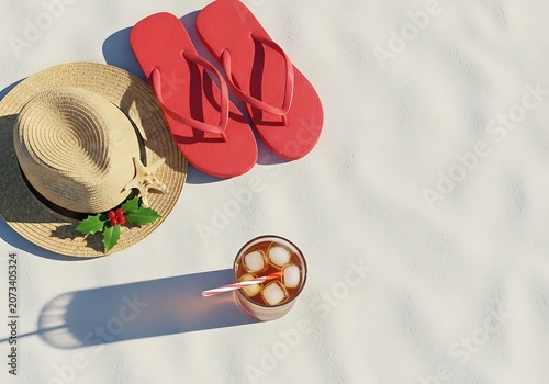 Overhead holiday flat lay with red sandals and straw hat lu0gphbp7