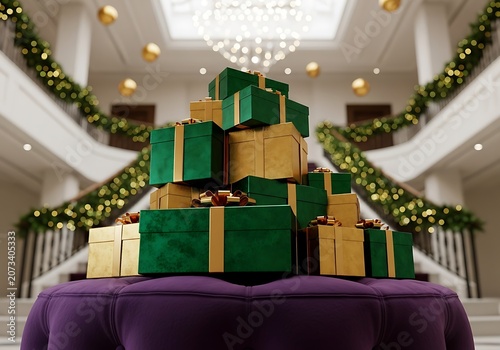 Elegant pyramid of green and gold gifts on velvet ottoman fkmx4gv62