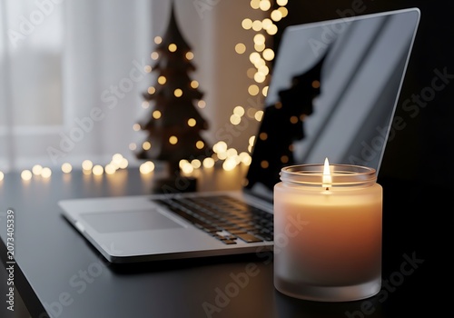 Lit candle glow near laptop with miniature Christmas tree 16ut26zrb