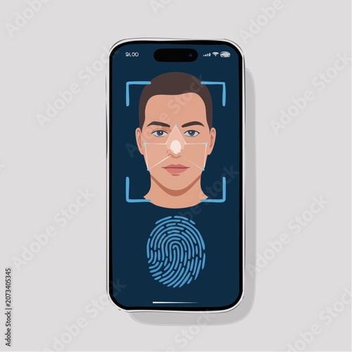 A smartphone displays a facial recognition scan of a man's face with a fingerprint below on the screen.