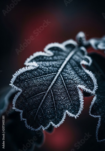 Detailed crystalline hoarfrost lining dark leaf edges over red bokeh