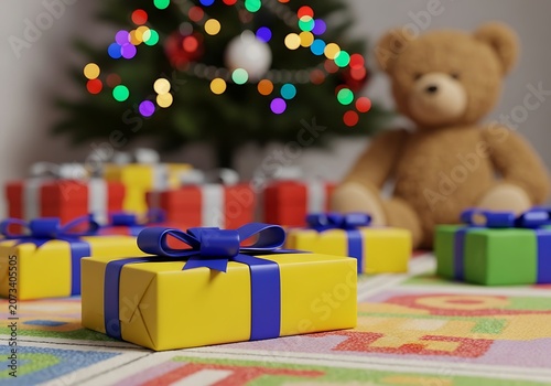 Selective focus on yellow presents near festive tree and bear qqisi980t