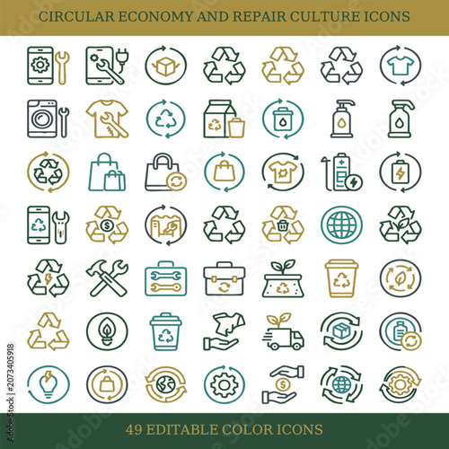 Circular Economy and Repair Culture Icon Set